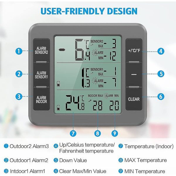 Køleskabs Termometer, Digital Alarm Fryser Termometer, Trådløst Indendørs Udendørs Termometer Med 2 Sensorer