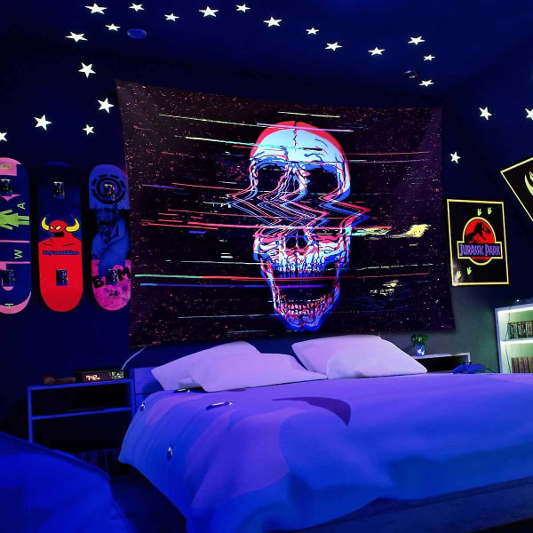 Hodeskalleteppe, svart psykedelisk psykedelisk billedvev lyser i mørket, UV-reagerer svart lys