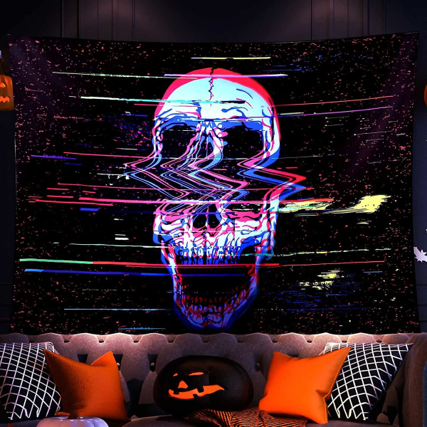 Skull Tapestry, musta psykedeelinen psykedeelinen kuvakudos hehkuu pimeässä, UV reagoi mustaan ​​valoon