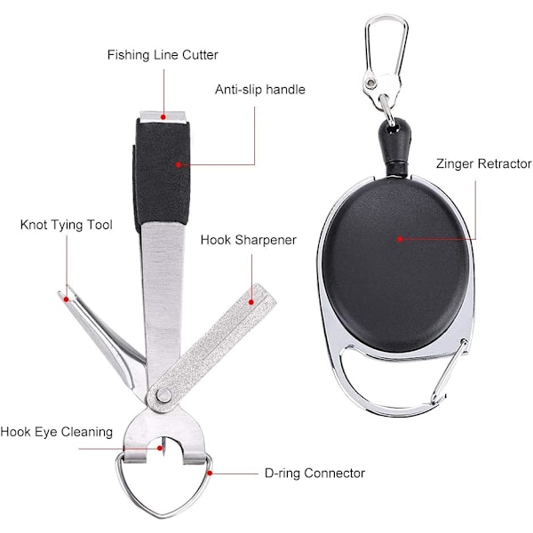 Fiske Line Nipper Cutter Clipper, Multifunksjonell fluefiske med en Zinger Retractor, Anti-slip fiskeutstyr tilbehør med PU-dekket håndtak, f