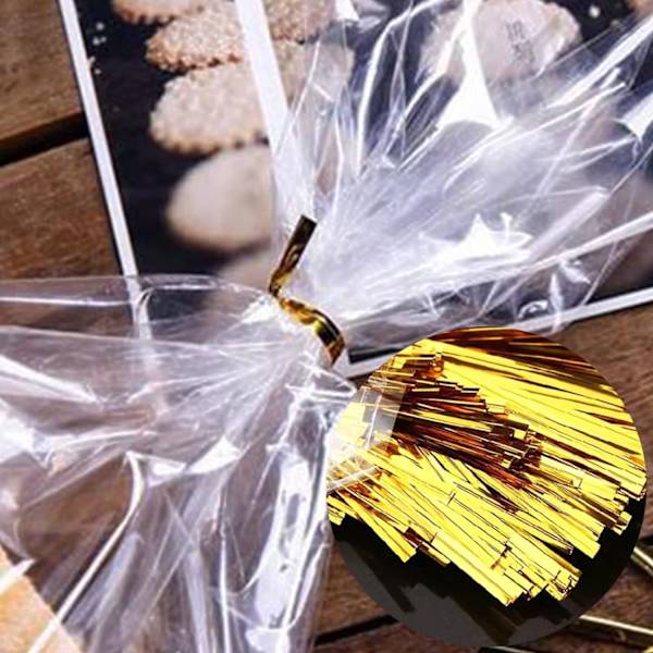 Tommer metalliske snoede bånd genanvendelige posebånd plastik brød snoede bånd til slikposer, kaffeposer, snacks, kagepops, festartikler (guld)