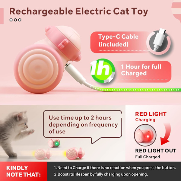 Interaktiv katt leksak, automatisk rörlig katt leksak med LED-lampor för inomhuskatter, USB-uppladdningsbar, smart sensorisk katt leksakspresenter för katter kattunge (rosa)