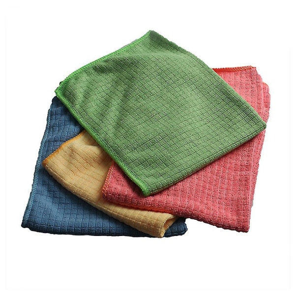 4 Multi-functional Small Lattice Absorbent Rags, Cleaning Cloths, Dishcloths, Not Easy To Get Oily, Yellow + Blue + Green + Powder