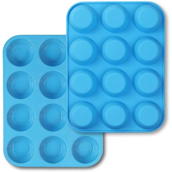 2st 12-kopps muffinspanna i silikon, molds med non-stick, bakpanna för muffins, tårtor, äggbitar-blå