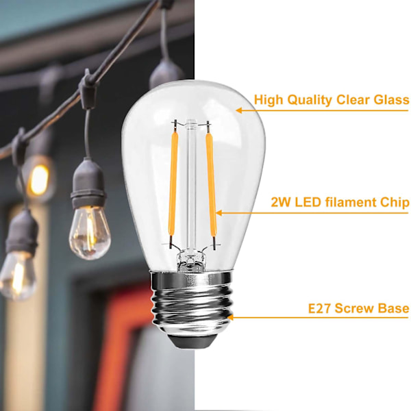 E27 220 V kierrekanta, S14 Vintage Edison LED-lamppu, 2 W 2700 K lämmin valkoinen ulkovalolamppujen korvaus, 6 kpl [Energialuokka F]