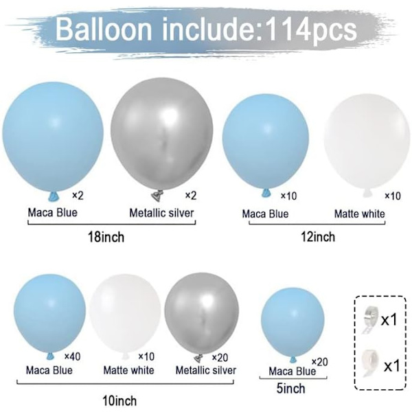 Blå ballongbågsset, 114 delar blå silver ballonggirlangset, blå silver och vita ballonger, gör-det-själv ballongbåge för bröllop, dop, pojke
