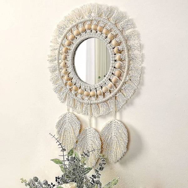 Väggspegel, Boho Macrame Fransad Spegel Med Träpärla Fjäderhänge (beige)