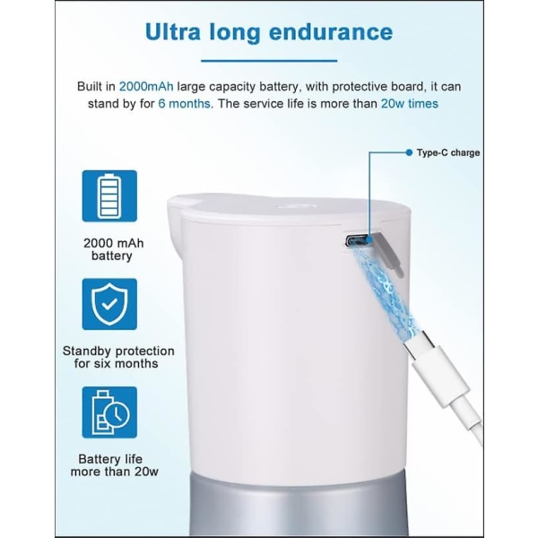 Automatisk såpedispenser, 600 ml Automatisk såpedispenser med USB-lading, IPX5 Automatisk flytende såpedispenser