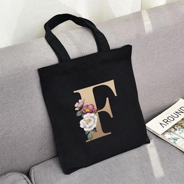 26 bokstäver tryckt canvas återanvändbara matkassar, hopfällbar casual resehandväska, axel strand tote väskor, shopper väska miljövänlig superstark tvättbar Gold F