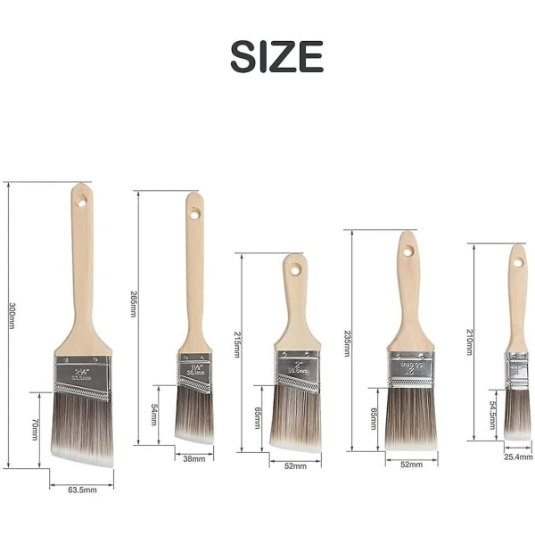 Paint Brush Set-5 delar, Trähandtag, Premium Väggborste Set, Hus Pensel, Trim Pensel,