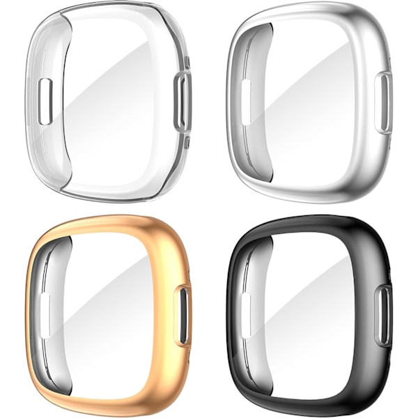 Diruite 4-pakning deksel for Fitbit Versa 4/Sense 2 skjermbeskytter, HD støtsikker myk TPU full beskyttelse skjermbeskytter deksel for Fitbit Versa Black+Silver+Rose Gold+Clear