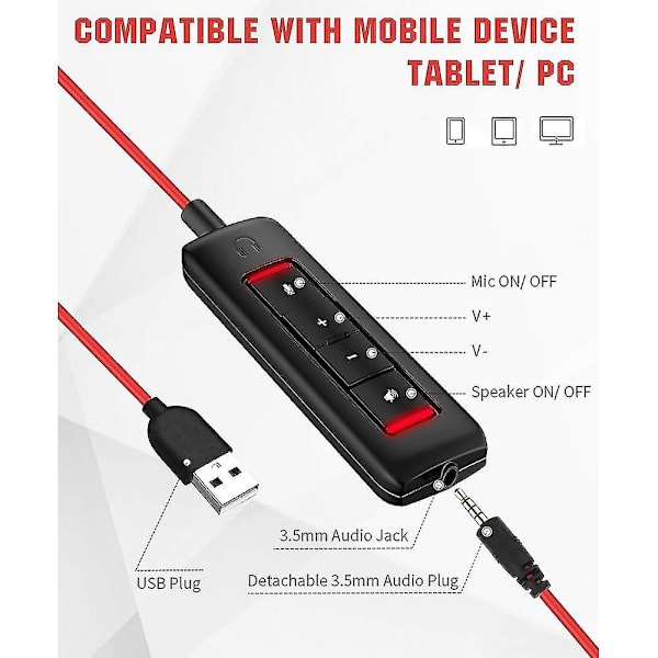 USB-hodetelefon med støydempende mikrofon for PS5-bærbar PC, On-Ear Wired Office Call Cen
