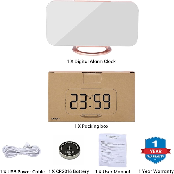 Väckarklocka för sovrum, 6,5 tum LED och spegel digital klocka stor skärm, med 2 USB-portar, automatisk dämpning, snooze, modern skrivbords klocka för flickrum sängbord Rose Goldred