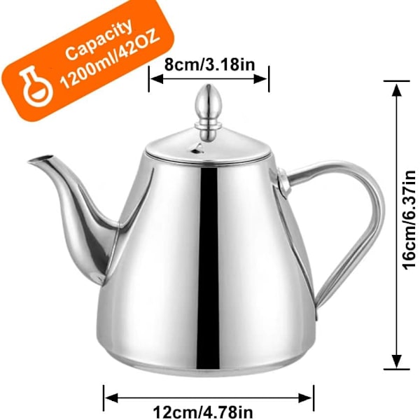 Rustfrit Stål Tekande Kaffeservere 42oz(1.2 liter) 4-5 Kopper, Nem Hældning Sølv Tekande Without Filter 1.2 litres