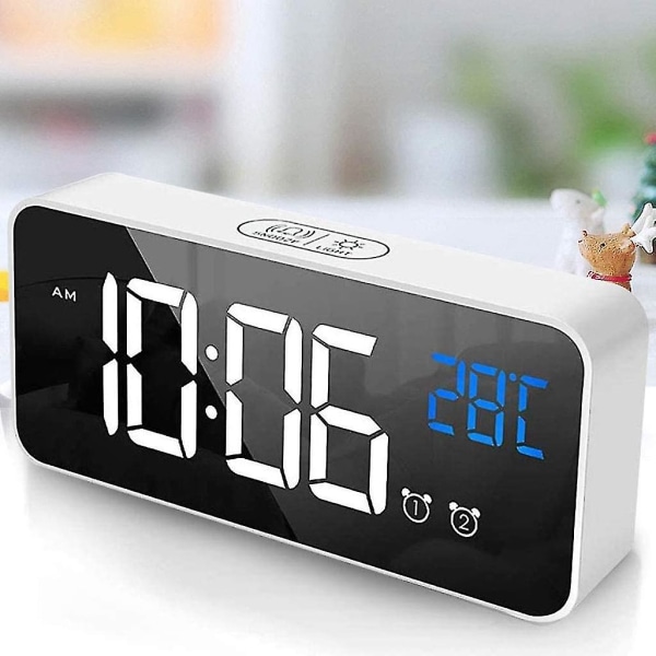 Led digital väckarklocka, digital väckarklocka Spegel skrivbordsklocka USB uppladdningsbar reseväckarklocka med 2 larm/snooze/temperatur