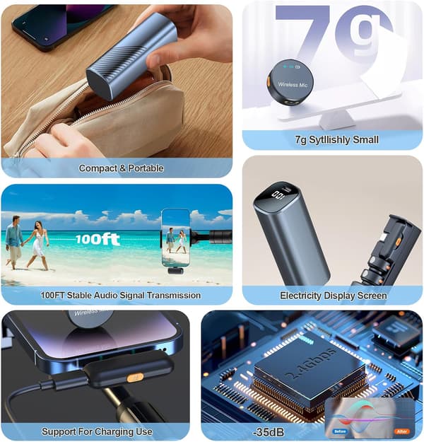 Trådløs Lavalier Clip Mikrofon til iPhone Android, Magnetisk Mikrofon med 3-tilstands Støjreduktion, 30m Rækkevidde Lang Batterikasse