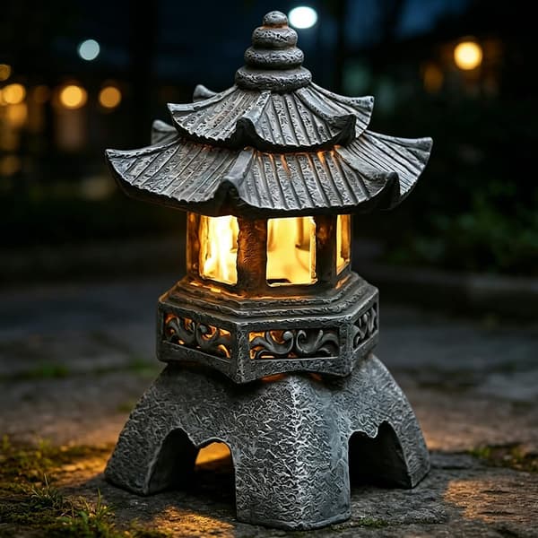 Pagode-ornament i japansk stil – Solcellelampe – Hagelykt – 26 x 17 cm