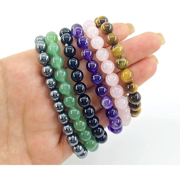 Krystallarmbånd, 8mm Naturlige Edelstensperler Armbånd, Helbredende Krystallarmbånd for Kvinner og Menn Stripe Amethyst