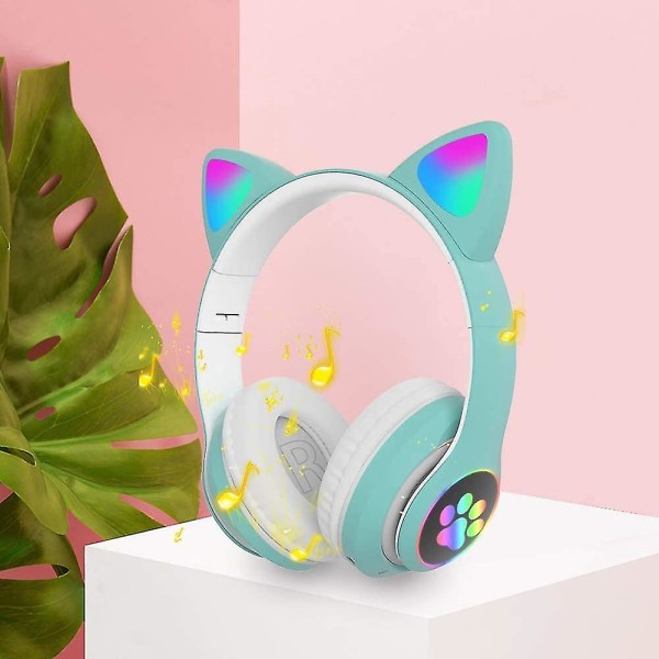 Gaming Headset Mote Bluetooth Cat Ear Led Light Up Trådløst Headset-grønn