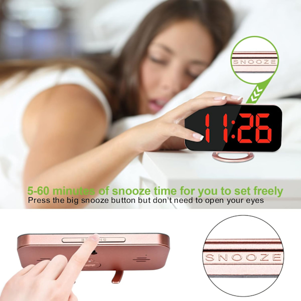 Väckarklocka för sovrum, 6,5 tum LED och spegel digital klocka stor skärm, med 2 USB-portar, automatisk dämpning, snooze, modern skrivbords klocka för flickrum sängbord Rose Goldred