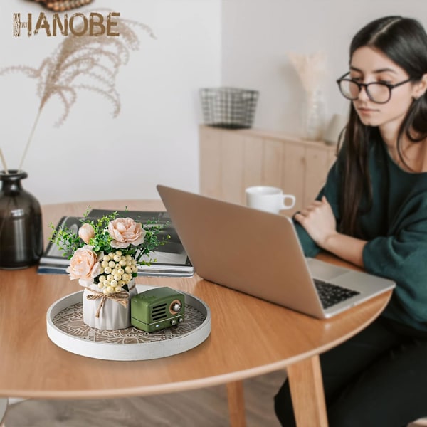 Rund træ dekorativ bakke: Rustik hvid Boho sofabord bakke Farmhouse bakke dekor midtpunkt træ cirkel osmannisk serveringsbakker til hjemmekøkken Whitewash Lotus30cm