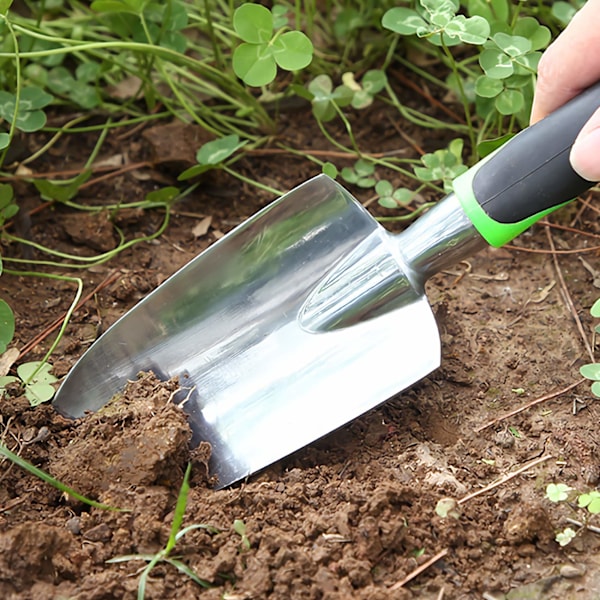 Hagespade i rustfritt stål med ergonomisk grep og sklisikkert mykt gummihåndtak for omplanting, luking, graving og planting