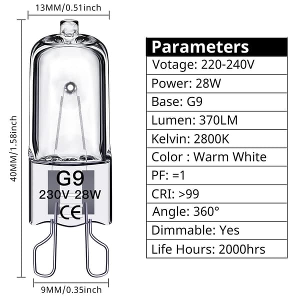 G9 Halogenlampor 28W, 230V, 10-pack 28W