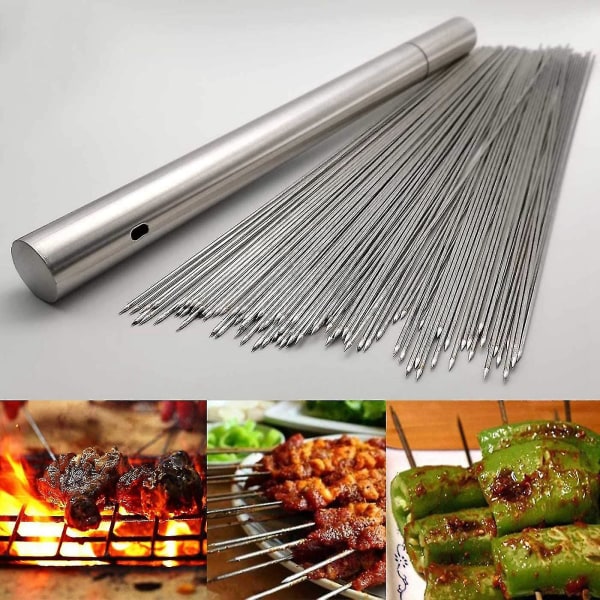 50 stk rustfrie grillspyd i rustfritt stål med oppbevaringsrør