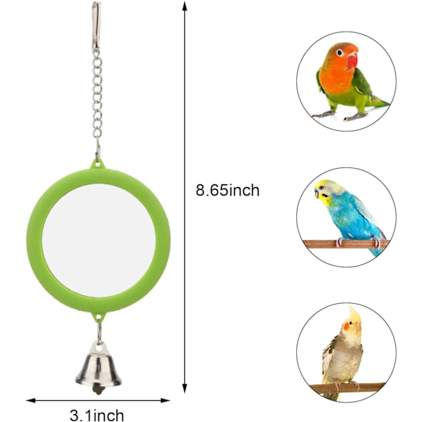 Fugle Spejl med Klokke Interaktiv Papegøje Legetøj Fuglebur Spejl til Kakadue Parakitter Kanariefugle Budgie (GRØN) GREEN
