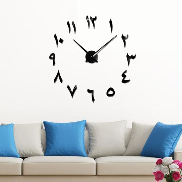 Tee itse itämaiset arabialaiset numerot seinäkello kehyksetön iso 3d peilitarra iso kello kotitoimiston koristeluun (musta)