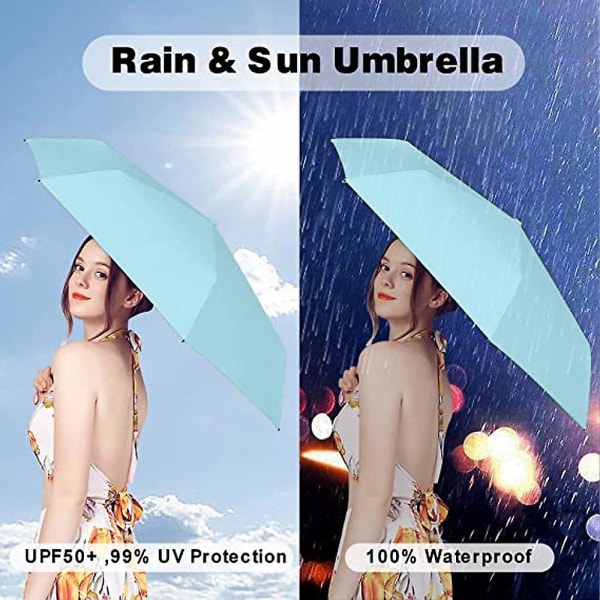 Litet miniparaply med söt case,5 vikbar kompakt ficka paraply blå