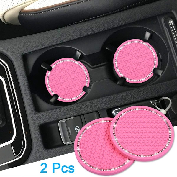 Bling Car Coasters, 2 Pack PVC Car Cup Holder Auto Insert Coaster - Anti Slip Universal Vehicle Interior Girly Car Accessories Sparkly Crystal Cu Pink