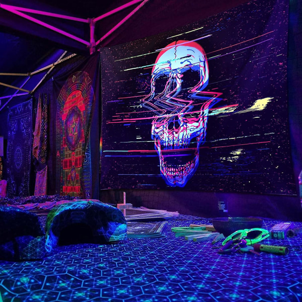 Skull Tapestry, musta psykedeelinen psykedeelinen kuvakudos hehkuu pimeässä, UV reagoi mustaan ​​valoon