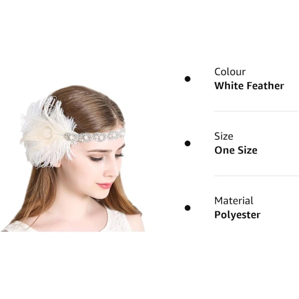 Flapper Gatsby -panta 1920-luvun päähine Retrot tyyli Roaring 20-luvun asusteet naamiaisiin, promoihin, hääjuhliin White Feather