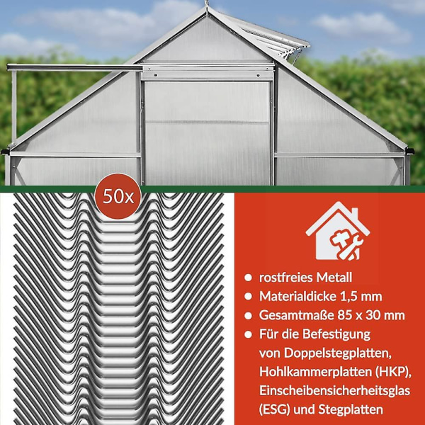 50 stk. rustfrie drivhusklemmer i rustfrit stål til fastgørelse af polycarbonatplader