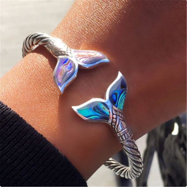 Armbandsarmband med abalone-skal och sjöjungfru-svans Justerbart öppet armband (1 styck, silver)