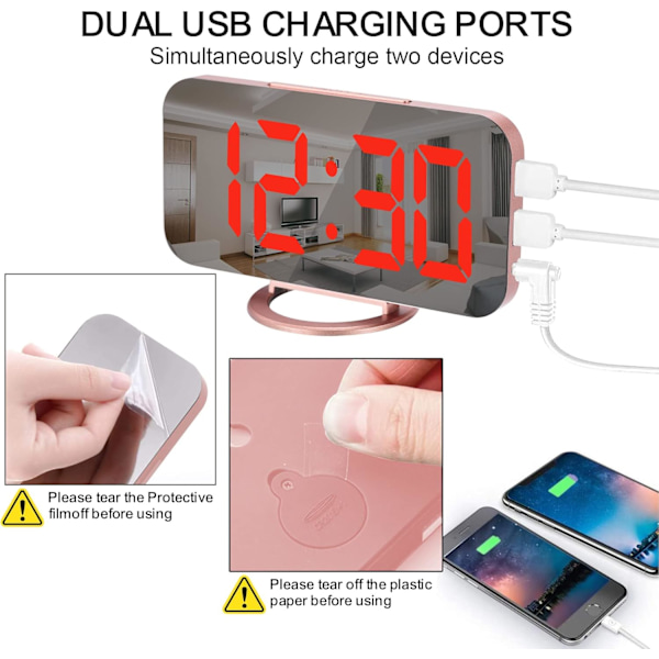 Väckarklocka för sovrum, 6,5 tum LED och spegel digital klocka stor skärm, med 2 USB-portar, automatisk dämpning, snooze, modern skrivbords klocka för flickrum sängbord Rose Goldred