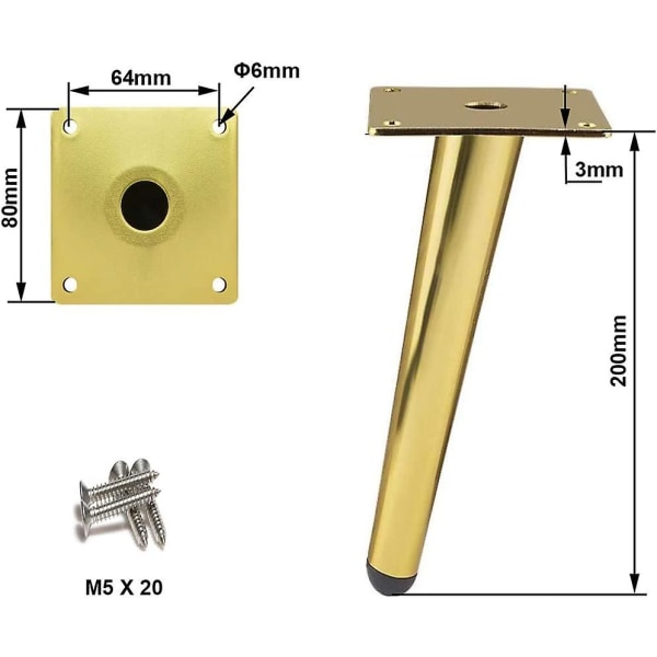 4 stycken snedställda bordsben i metall, koniska möbelben, 201 rostfritt stål, guld, 20 cm höjd, halkfri tyst bas för soffor, bord