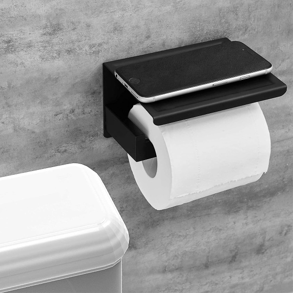 Sort selvklæbende toiletrulleholder med hylde, vægmonteret toiletpapirholder til badeværelse, Sus 304 rustfrit stål, ingen boring Toiletpapir Ho