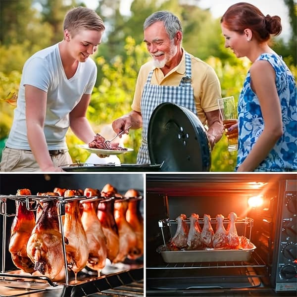Rustfrit stål-stativ til kyllingelår og vinger — Foldbart vertikalt stegestativ til grill, røgovne og ovne