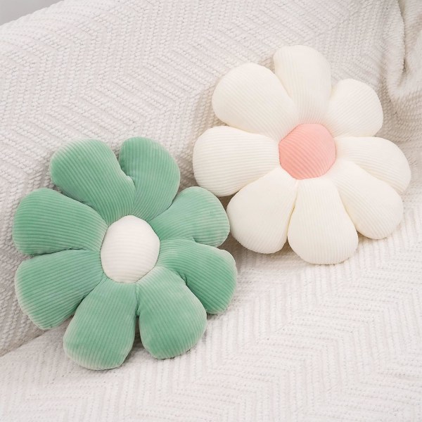 2st Daisy Flower-formade slängkuddar, plysch golvkudde för sovrumssoffa Stoldekor (15,7 tum, grön och vit)