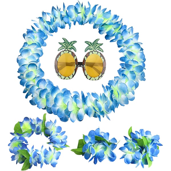 Hawaiian Flower Lei Set, Hawaiian Lei Flower Garland Fancy Dress Set med ananas solbriller, Hawaiian flower Halskjede Hodebånd Armbånd For T Blau