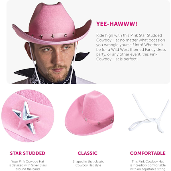 Cowboyhattar - Hat Star Studded Cowboy Hat Cowgirlhattar Wild West Maskeraddräkt Tillbehör Pink Pack of 1