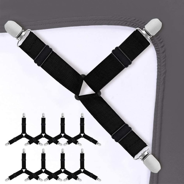 Lakanfästen, 4 st Justerbara triangel elastiska hängslen Griphållarremmar Klämma för lakan, madrassöverdrag, soffkudde (svart)