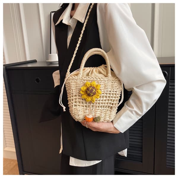 Små stråväskor för kvinnor Sommar Crossbody-väskor Dam Reseplånböcker och handväskor Kvinnlig Axelväska Vit White sunflower