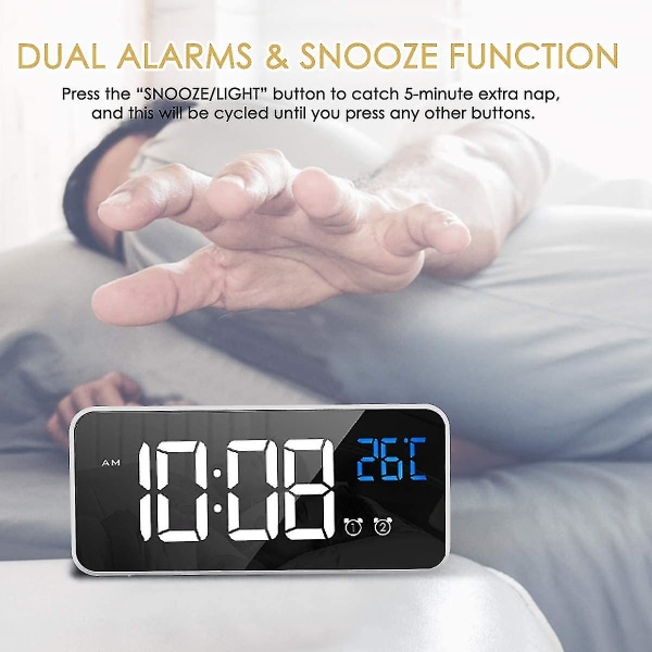 Led digital väckarklocka, digital väckarklocka Spegel skrivbordsklocka USB uppladdningsbar reseväckarklocka med 2 larm/snooze/temperatur