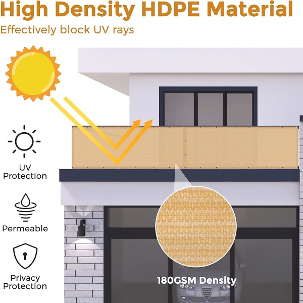 Balkon Privatlivsafskærmning 90 X 600cm Privatlivsdækken 180g/m Hdpe Stof Uv Beskyttelse Vindskærm Til Have Terrasse Udendørs Med Kabelbind Og Snore, Sand