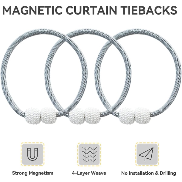 6-pak magnetiske gardinholdere, gardinklips snorspenne, gardinholdere til hjemmekontorvindu, dekorativt vevd tauholder, grå