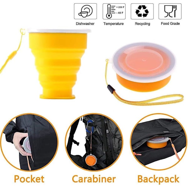 Sammenleggbar Reisekopp, Sett med 6 Sammenleggbare Silikonkopper med Lokk, Utvidbare Kopper, Gjenbrukbare Kopper for Camping (6stk)