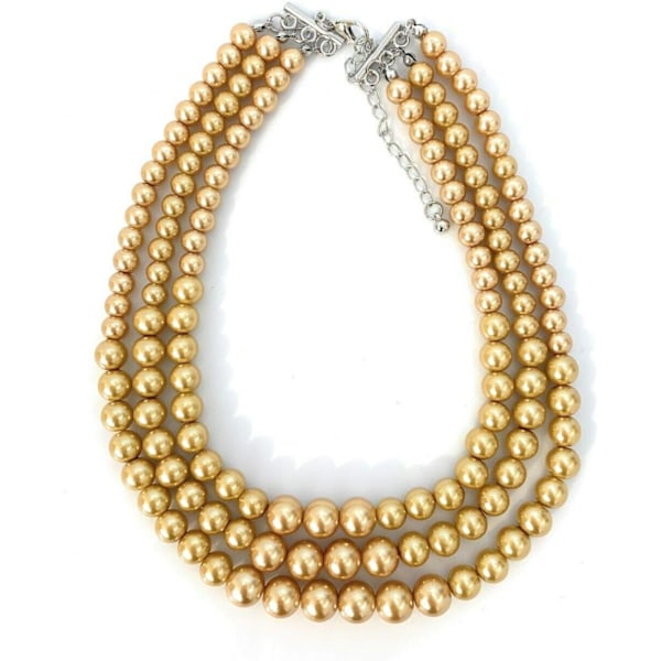 Womens Faux Pearl 3 Layer Multi Strand Gatsby Necklace Statement Bib Bead Champagne Gold